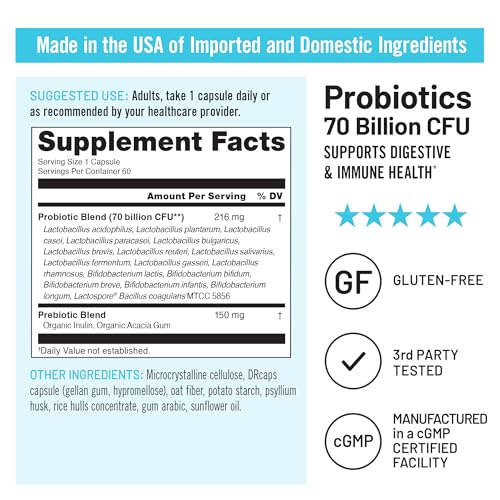 Image of NatureWise Probiotics 70 Billion CFU - 17 Strains + Organic Prebiotics - Immune, Digestive & Gut Health Support for Women & Men - Vegetarian, Gluten-Free, Non-GMO - 60 Capsules[2-Month Supply]