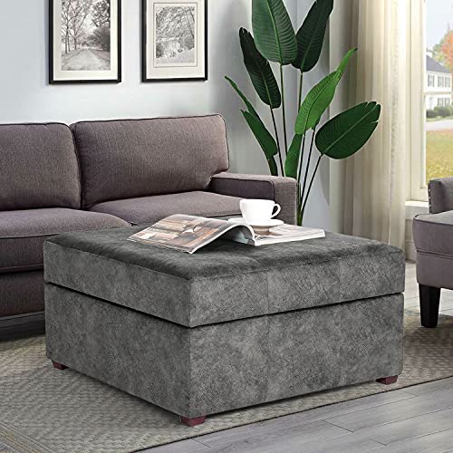 Adeco 28 Inch Tufted Storage Ottoman, Wide Square Coffee Table Lift Top Storage Footstool, Faux Leather Ottoman With Sturdy Wood Legs (Gray-2) #TOP21