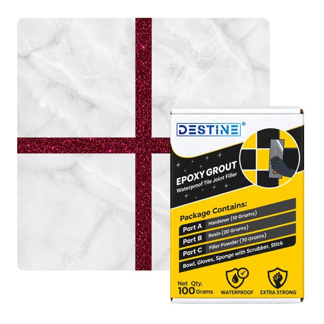 Image of DESTINE Epoxy Grout for Tiles (110 Colours)(100 g), Waterproof Joint Filler, Crack Filler, Tiles Gap Filler, Stain Free, Acid & Chemical Resistance Epoxy Grout (Luxury [Dark Pink Glitter])