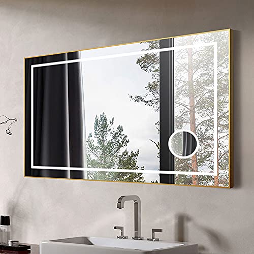 Dimmable Led Bathroom Mirror With Bluetooth Speaker, Defogger, Magnifier, 55X36 In Light Luxury Gold Framed Horizontal Wall Mounted Illuminated Mirror With Lights With Smart Touch Button (D721-5536Ac) #TOP8