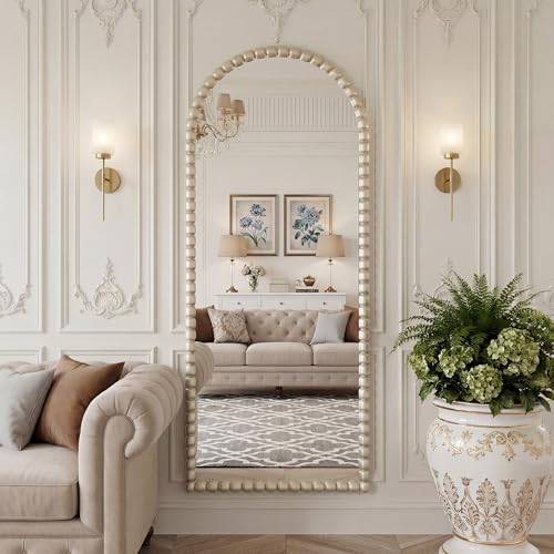 Image of Vintage Full Length Mirror with Stand, 71x28 Inch Arched Beaded Full Body Mirrors, Large Floor Mirror Standing Mirror Full Length Wall Mounted Decor for Bedroom Living Room Cloakroom, PU Frame, Silver