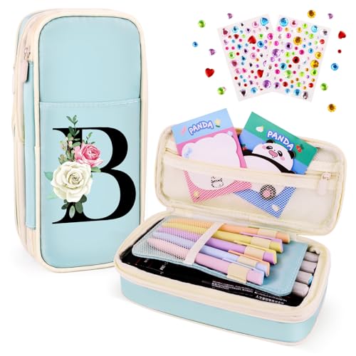 Image of Preppy Pencil Case for Girls, Cute Large Pencil Pouch, Personalized Initial Pencil Bag with Zipper for School College Office Supplies, Back to School Supplies Gifts for Teen Girls (B, Blue)
