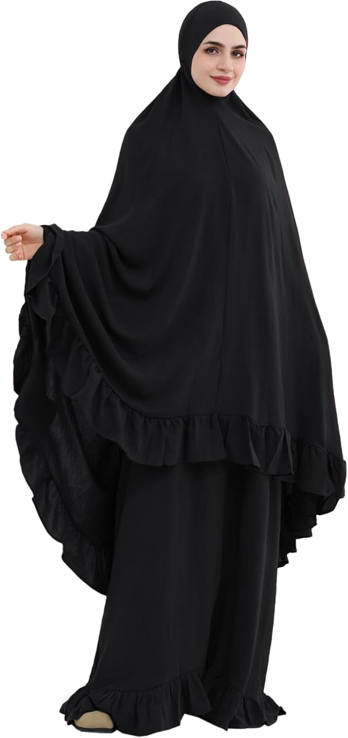 2PCS Abayas for Women Muslim Dress Ruffled Hem Modest Prayer Robe Full Coverage Modest Jilbab Set