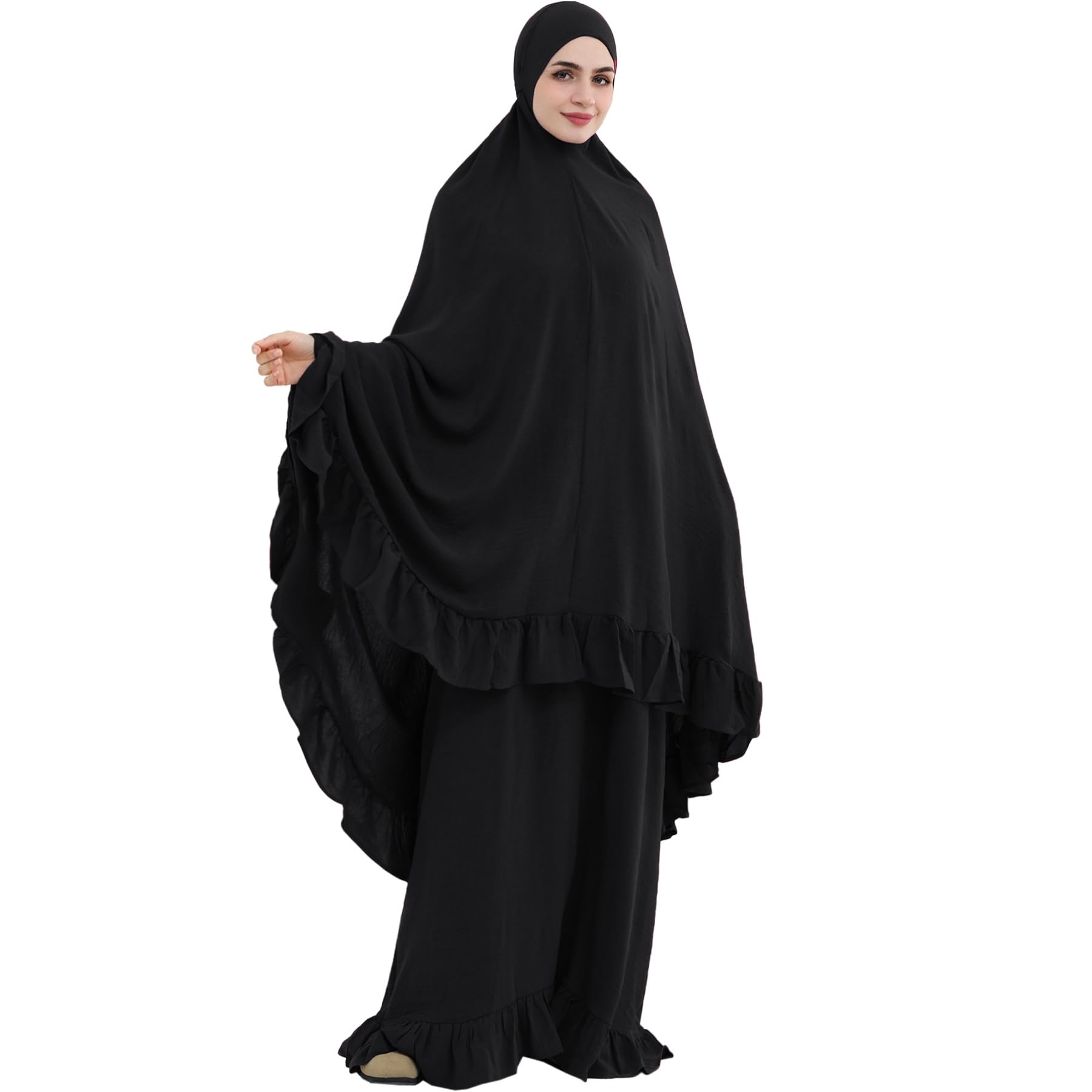 khalat 2PCS Abayas für Frauen Muslimisches Kleid mit gerüschtem Saum Bescheidenes Gebetsgewand Vollständig bedeckendes bescheidenes Jilbab-Set