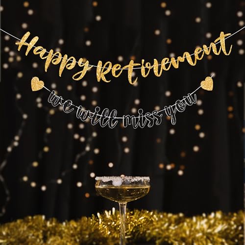 Image of Pre-strung Happy Retirement & We will miss you Banner, Pre-strung on 8 ft Strand Black Gold Glitter Retirement Party Decorations Sign, Going Away Party Farewell Party Supplies and Gifts for Coworker, Men Women