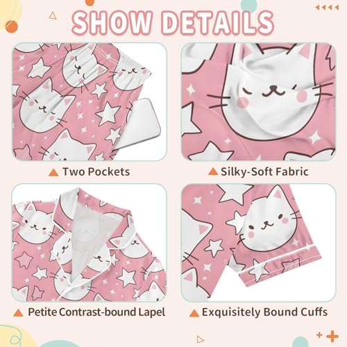 Pink Cat Stars Pajamas Set Summer Button Down Sleepwear Pjs Sets Comfy Loungewear3