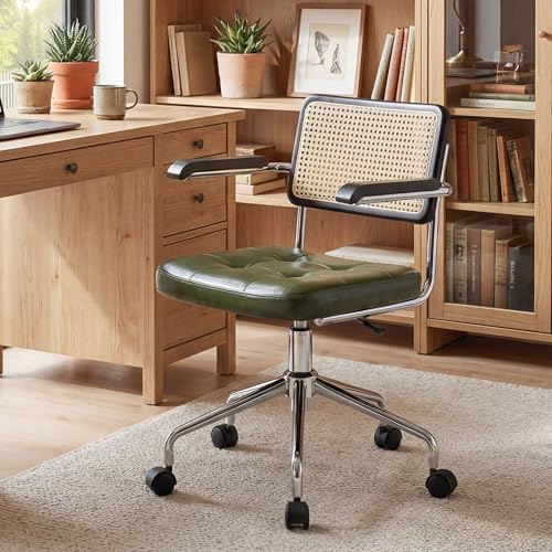 Image of Zesthouse Modern Home Office Chair Leather Desk Chair with Rattan Back, Vanity Chair for Girls Women, Upholstered Tufted Swivel Armchair for Bedroom, Height Adjustable Computer Task Chair