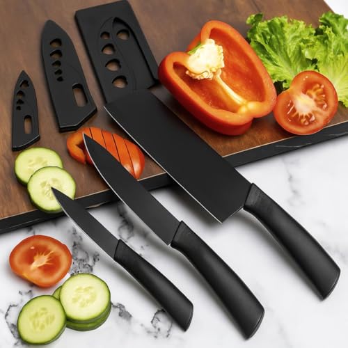 Image of Professional Kitchen Knife Set, 3-Piece Black Chef Knives with Cover Ergonomic Handles Sharp Manual Sharpening for Home Kitchen & Restaurant (Dark Black)