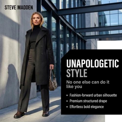 Image of Steve Madden Trench Coat for Women - Double-Breasted Long Winter Faux Wool Coat