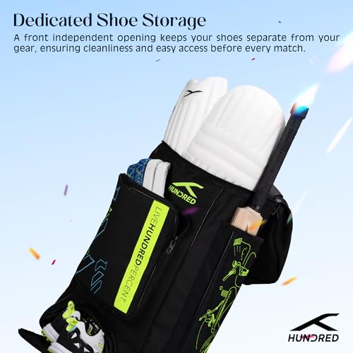 Image of Hundred Polyester Aspire Cricket Kitbag | Spacious & Durable Sports Gear Bag with Multiple Compartments | Shoe Compartment & Sturdy Zippers | Padded Straps(Black)