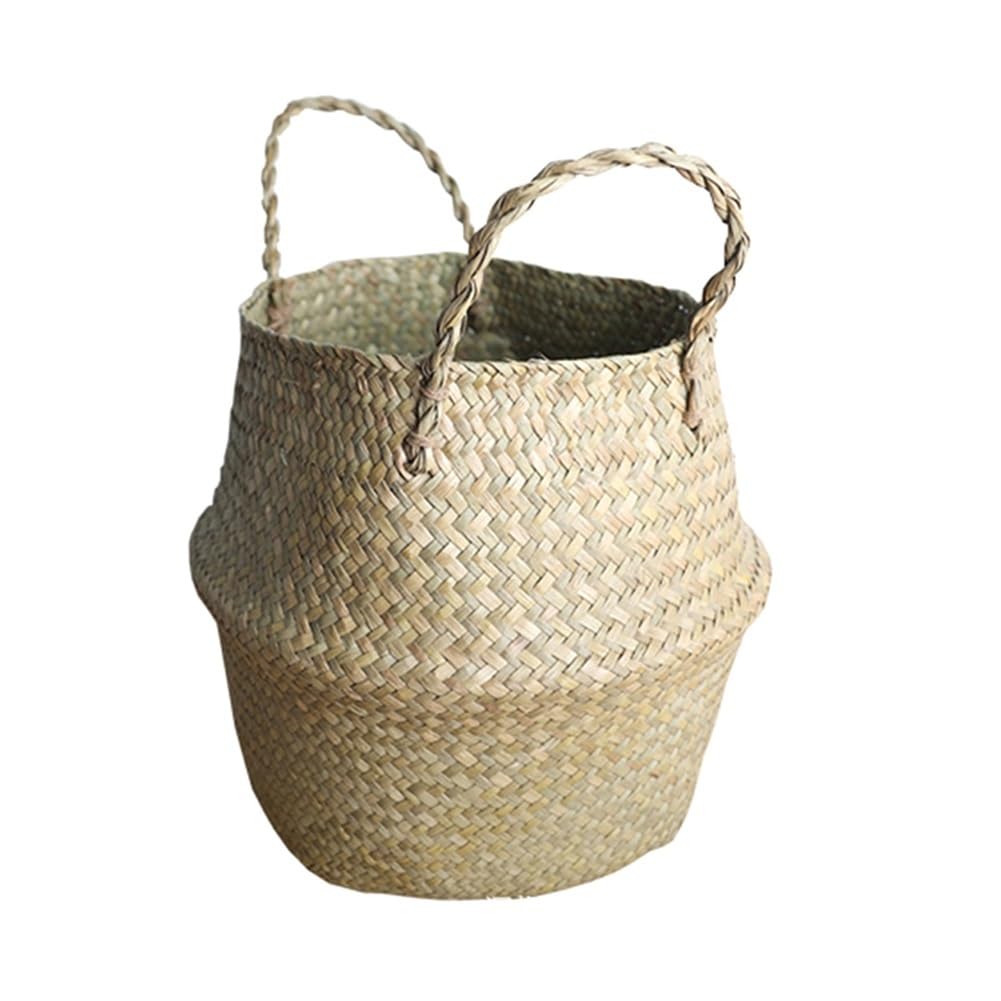 Panier de rangement tissé en jonc de mer naturel fait à la main - Panier à linge pliable en paille et rotin - Sac de plage (22 x 20 cm)