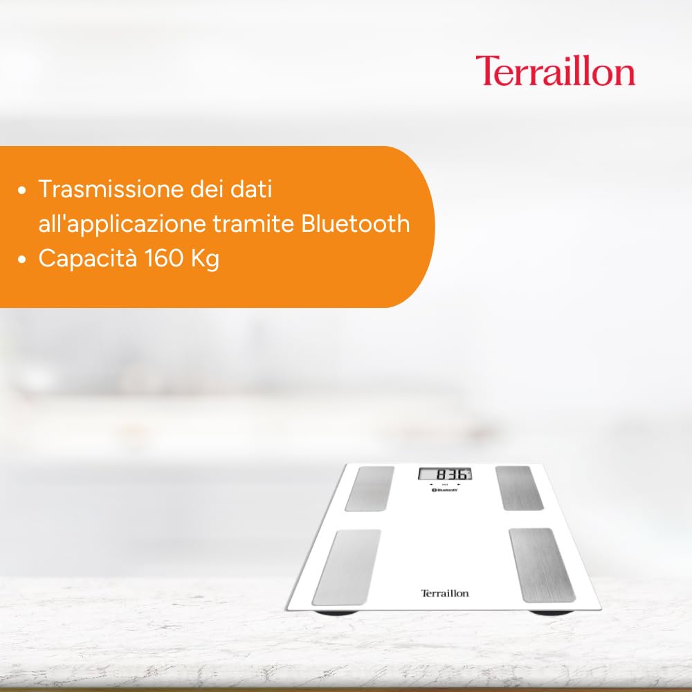 TERRAILLON SMART CONNECT Bilancia pesapersone Impedenziometrica - Analisi del cuerpo - BMI - 8 utenti - Bluetooth Low Energy - Capacità 160Kg - Bianco