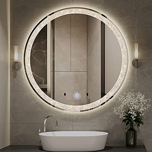 Chende Crystal LED Bathroom Mirror, 28 Inches Round Makeup Mirror with Lights for Bathroom Vanity with a Plug, Unique Shining Starlight Effect, 3 Different Light Temperatures Setting