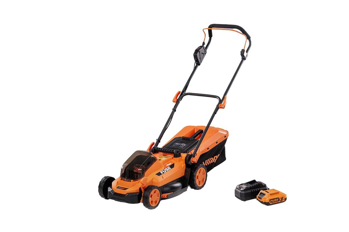 VILLAGER Villy 2020 E-1BCB - Tosaerba a batteria - Motore brushless da 18 V, larghezza di taglio 330 mm, con batteria da 2 Ah e caricabatterie, per prati fino a 300 m², regolazione dell'altezza di