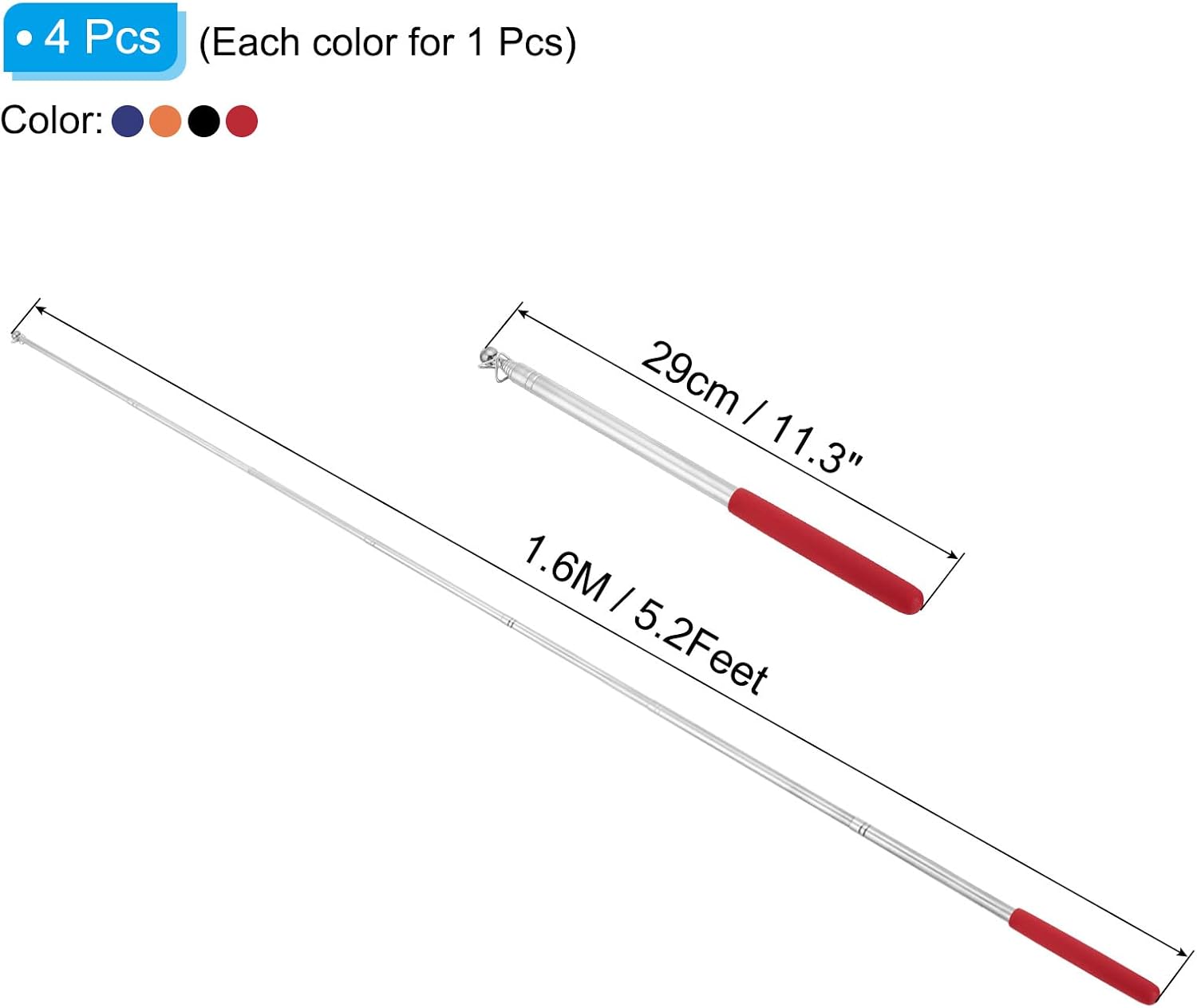 PATIKIL 1.6M/5.2Feet Telescopic Handheld Flagpoles, 4Pcs Retractable Teachers Pointer Stick Banner Flag Pole for Tour Guide Teaching Black,Blue,Red, Orange