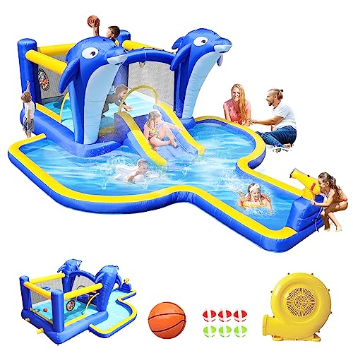 6-in-1 Inflatable Slide Water Park Trampoline Bouncer with Dolphin Sprinkler, Target Games, Water Gun & Basketball – ETL-Certified Blower, Outdoor Family Fun