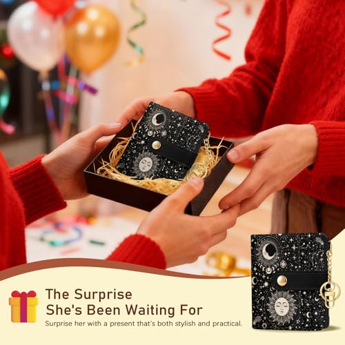 Image of Jogjam Rfid Women Wallet, Small Slim Thin Credit Card Wallet, PU Leather Bifold Cash Wallet, Zipper Coin Pocket & ID Window, Female Ladies Teen Girls Girly Gifts, Sun Moon, Modern