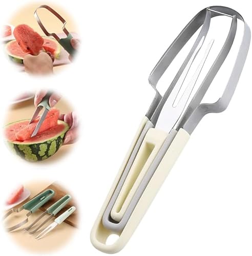 2024 Neu Wassermelonen Schneider, 3-in-1 Melonenschneider Obstschneider aus Edelstahl, Obstgabeln-Schneidemesser, Sommer Wassermelonen-Fruchtschneidegabel (Beige)