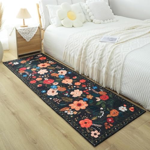 Image of Rugcomf Runner Rug for Hallways Kitchen Rug Non Slip 40 * 120 cm Washable Rugs with Rubber Backing Soft Floral Carpet Runner for Hallways, Kitchen, Laundry, Bedroom, Bathroom(Black)