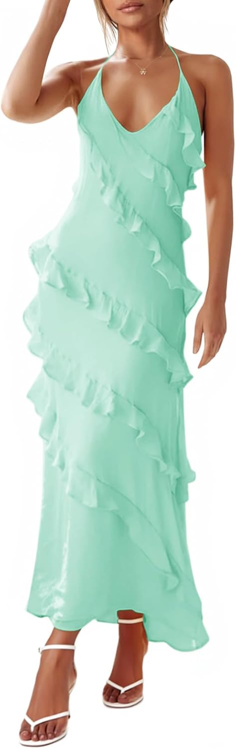 Wenrine Womens Sexy Chiffon Halter Maxi Dress Sleeveless Backless Ruffle Tassel Party Club Dresses