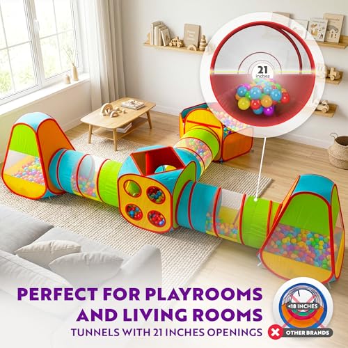 Image of Playz 7pc Kids pop up Play Tent, Crawl Tunnel & Ball Pit for Toddlers | Collapsible Baby Ball Pit & Crawling Tunnel, Kids' play tents & tunnels indoor playset /playhouse /playground for ages 3+