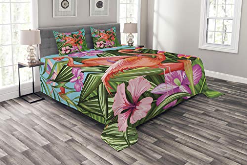 Exclusive Discount 90% Price Ambesonne Flamingo Bedspread, Illustration of Flamingo with Tropical Garden Hibiscus Flower Plant Vintage, Decorative Quilted 3 Piece Coverlet Set with 2 Pillow Shams, Queen Size, Green Pink