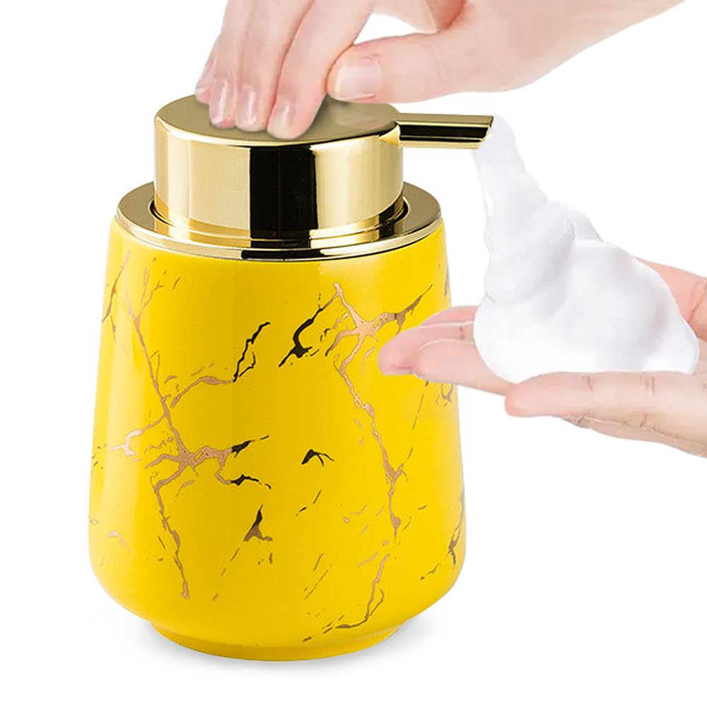 Marble Foam Soap Dispenser for Bathroom, Chic Ceramic Bottle, Gold Soap Dispenser Pump (Yellow)