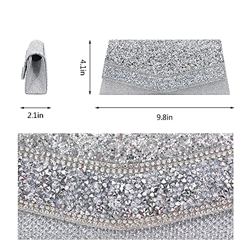 Naimo Flap Dazzling Clutch Bag Evening Bag With Detachable Chain (Silver)