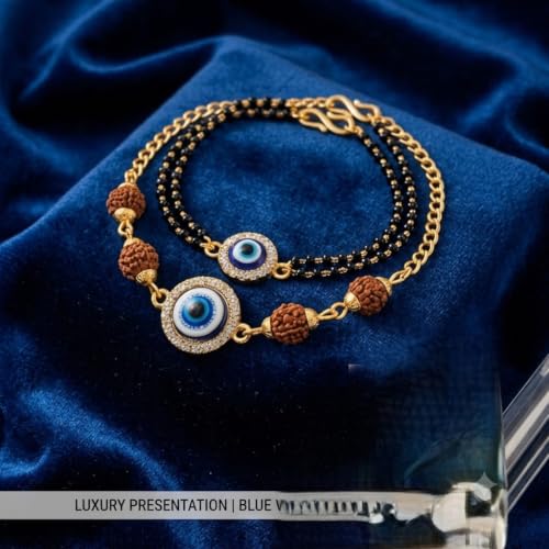 Image of Designer Set for Brother with Analog Wrist Watch, Matching, Rudraksha Evil Eye Rakhi, Roli Chawal & Gift Box | Raksha Bandhan Gift Hamper