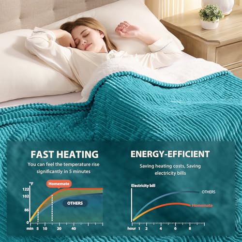 Image of Homemate Heated Blanket Electric Throw - 50 inchx60 inch Heating Blanket Throw 1 /2 /4 /6 /8 Hours Auto-Off 10 Heat Levels Over-Heat Protection Soft Flannel Sherpa ETL Certification
