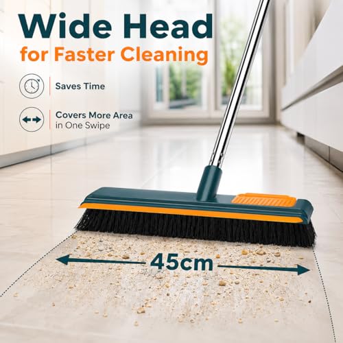Image of Bathroom Cleaning Brush with Long Handle, Floor Brush with Wiper, 2-in-1 Soft Bristle Broom & Rubber Squeegee for Bathroom Floor, Tiles, Kitchen, Balcony & Outdoor Cleaning