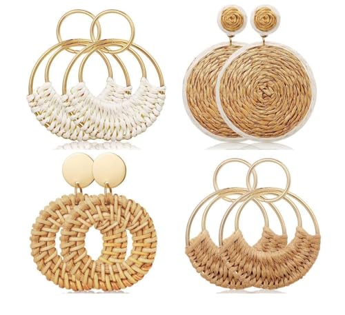 Image of 4 Pairs Handmade Raffia Rattan Bohemian Round Drop Dangle Earrings for Women, Boho Statement Cute Fun Hoop Earrings Set