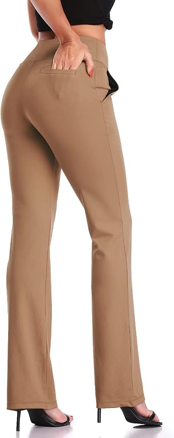DAYOUNG Womens Yoga Dress Pants Tummy Control Workout High Waist Bootcut Stretchy Slacks Y52A-Brown-M