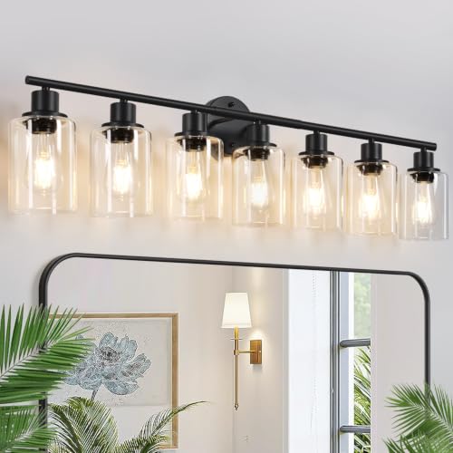 Image of Zarbitta 7-Light Bathroom Light Fixtures, Black Modern Vanity Lights with Clear Glass Shade, Bathroom Wall Lamp, for Mirror, Kitchen, Living Room, Hallway, Cabinet