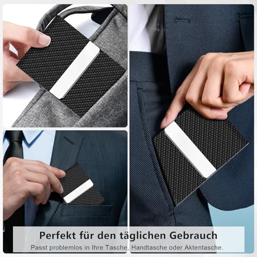 BABAWOWO Visitenkartenetui – Schlankes Visitenkartenetui aus PU-Leder und Edelstahl, Magnetverschluss, fasst 15–25 Karten Männer und Frauen (Schwarz Carbon)