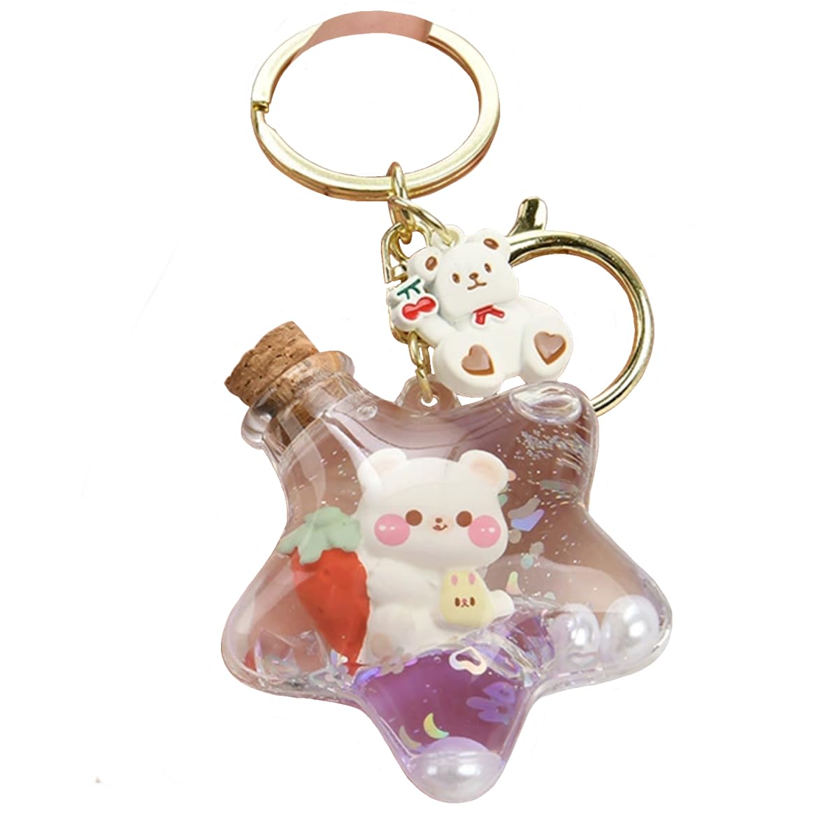 ZDHC Creative Pentagram Bear Strawberry Keychain Cute Liquid Quicksand Animal Keyring Car Keys Bag Pendant for Women Girl (Purple)
