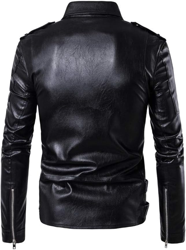 PASOK Men's PU Leather Jacket Causal Belted Faux Leather Motorcycle Jacket Zipper Biker Coat - Image 4