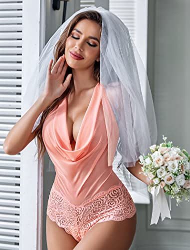 Image of Avidlove Women Sexy Lingerie Teddy One Piece Lace Halter Babydoll Bodysuit | Lace-up Teddies Lingerie V Neck Hollow out Mesh Body suit Naughty Outfits Nightwear