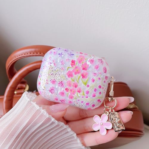 Image of MINSCOSE for Cute Glitter AirPods Pro 3 Clear Case,Shell Pattern Cartoon Flower Aesthetic Design with Floral Keychain,Soft TPU Protective Cover with Cleaner Kit for Women Girls-Pink