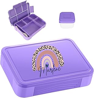 minimutz Fiambrera personalizada, fiambrera infantil con muchos compartimentos, fiambrera con nombre, sin BPA, a prueba de fugas, juego de caja de bento con estampado multicolor de arcoíris (morado)