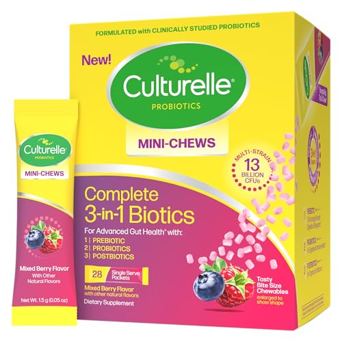 Culturelle Complete 3-in-1 Biotics Mini-Chews Daily Probiotic for Digestive Health with Prebiotics and Postbiotics for Gut Balance Mixed Berry Flavor 28 Count