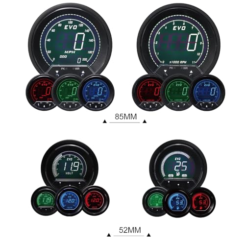 Image of EVO Series GPS Digital 6 Gauge Set Blue Red White Green | GPS Sensor Signal, 3-3 /8 inch, 85mm, Speedometer, Tachometer, 2-1 /16 inch, 52mm, Volt, Fuel Level ,Water Temp, Oil Pressure, Car