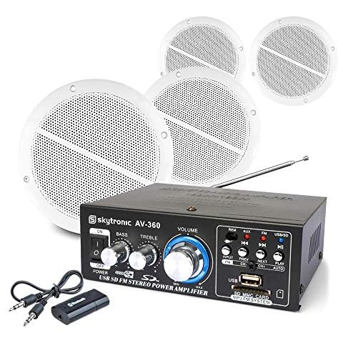 SkyTronic Cafe Restaurant Shop Bluetooth Amplifier Ceiling Speaker System Kit with 4x Ceiling Speakers Cover