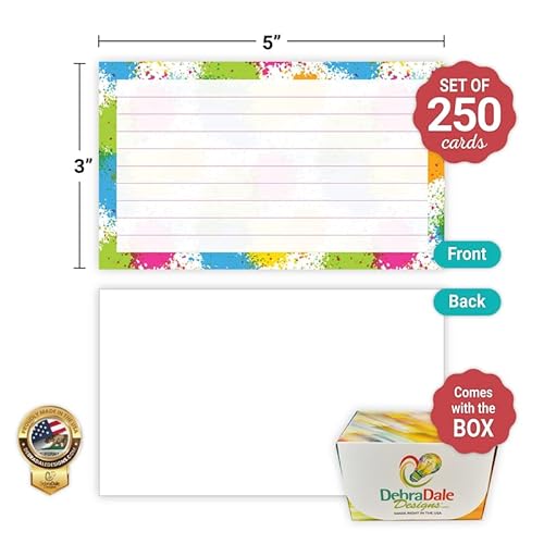 Debra Dale Designs - 250 Ruled 3" X 5" Index Cards Paint Splatter Border - Boxed - Premium 140# Heavy Thick Index Card Stock - Printed In The U.s.a. #TOP2