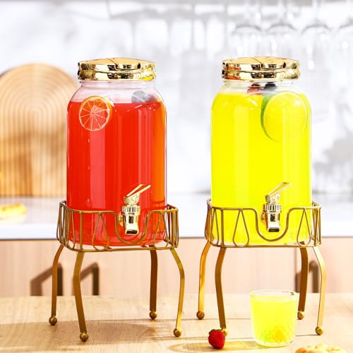 Tanlade 2 Pcs Plastic Drink Dispenser with Stand Beverage Dispenser with Sturdy Metal Base Juice Jar for Parties Lemonade Jar Spigot for Weddings Countertop Water, Each 1 Gallon (Gold) by Tanlade - Image 6
