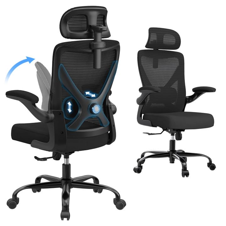 Office Chair - Ergonomic Office Chair Home Office Desk Chair - Gaming Chair Computer X-Shaped Chair Mesh with Adjustable Lumbar Support with Headrest Flip-Up Arms for Long Hours (Black) Dark Black