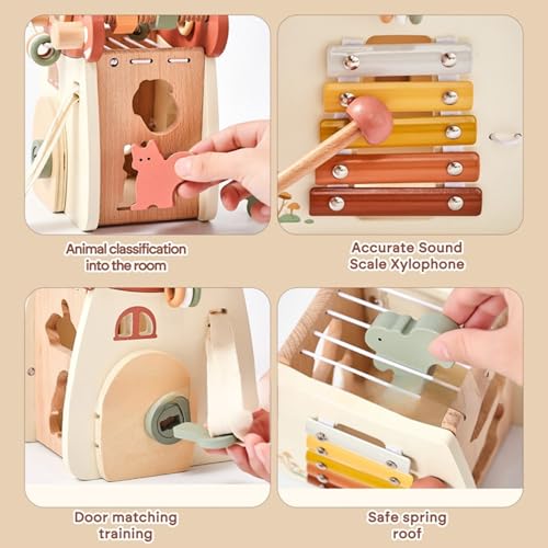 Cubo de actividades para bebés con forma de hongo y juguetes de madera 5 en 1 para niños 7