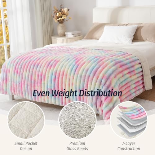Image of Fleece Weighted Blanket for Adults 48 inch x 72 inch 12lbs Striped Blankets,Rainbow | Dual Sided Soft Sherpa Weighted Blankets with Glass Bead Filling, Plush 3D Striped Heavy Throw Blanket for Bed and Couch