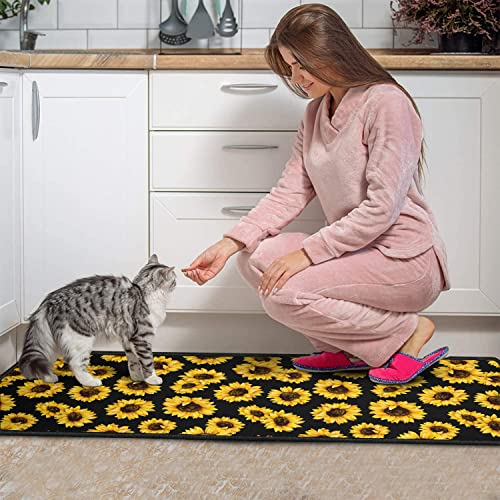 Roszwtit Sunflower Kitchen Rugs And Mats Set Of 2, Black Sunflowers Non-Slip Backing Kitchen Rug, Kitchen Sets Low-Profile Washable Floor Mat For Home Kitchen Decor - 17X29 And 17X47 Inch #TOP5