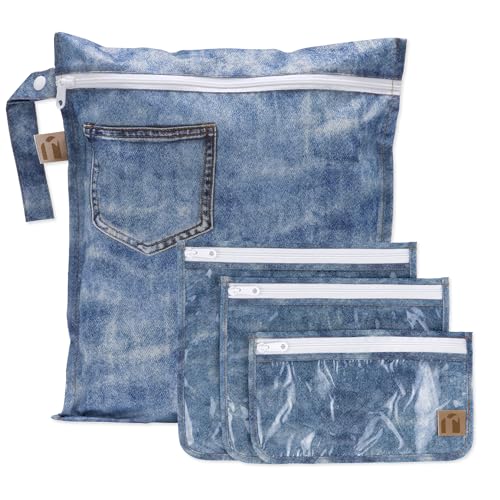 Bumkins Roamio Wet Bag and 3-Pack Clear-Sided Travel Pouches, Waterproof Fabric Organizer for Toiletries, Gym Clothes, Swim Gear, Shoes, Accessories, TSA Compliant Packing Set, Faux Denim 4-pc Set
